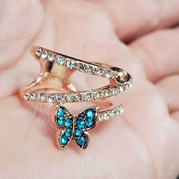 Rose gold tone blue butterfly ring size 7 - Picture 1 of 8